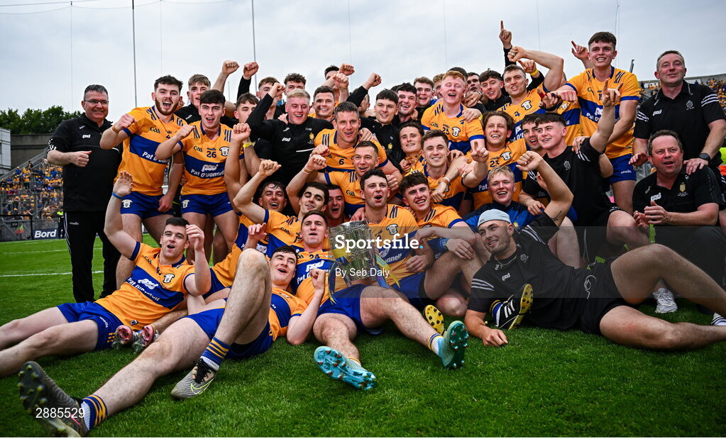 21 July 2024; Clare players and backroom staff celebrate with the Liam MacCarthy Cup after their side's victory in the GAA Hurling All-Ireland Senior Championship Final match between Clare and Cork at Croke Park in Dublin. Photo by Seb Daly/Sportsfile