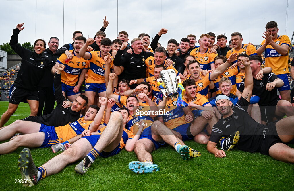 21 July 2024; Clare players and backroom staff celebrate with the Liam MacCarthy Cup after their side's victory in the GAA Hurling All-Ireland Senior Championship Final match between Clare and Cork at Croke Park in Dublin. Photo by Seb Daly/Sportsfile