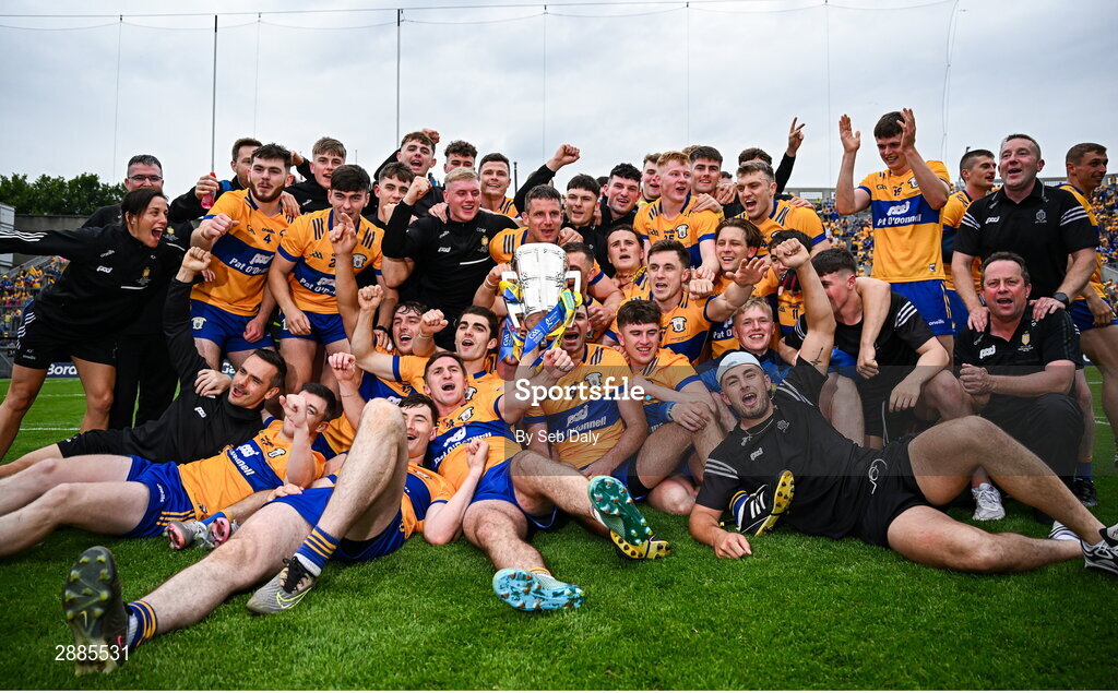 21 July 2024; Clare players and backroom staff celebrate with the Liam MacCarthy Cup after their side's victory in the GAA Hurling All-Ireland Senior Championship Final match between Clare and Cork at Croke Park in Dublin. Photo by Seb Daly/Sportsfile