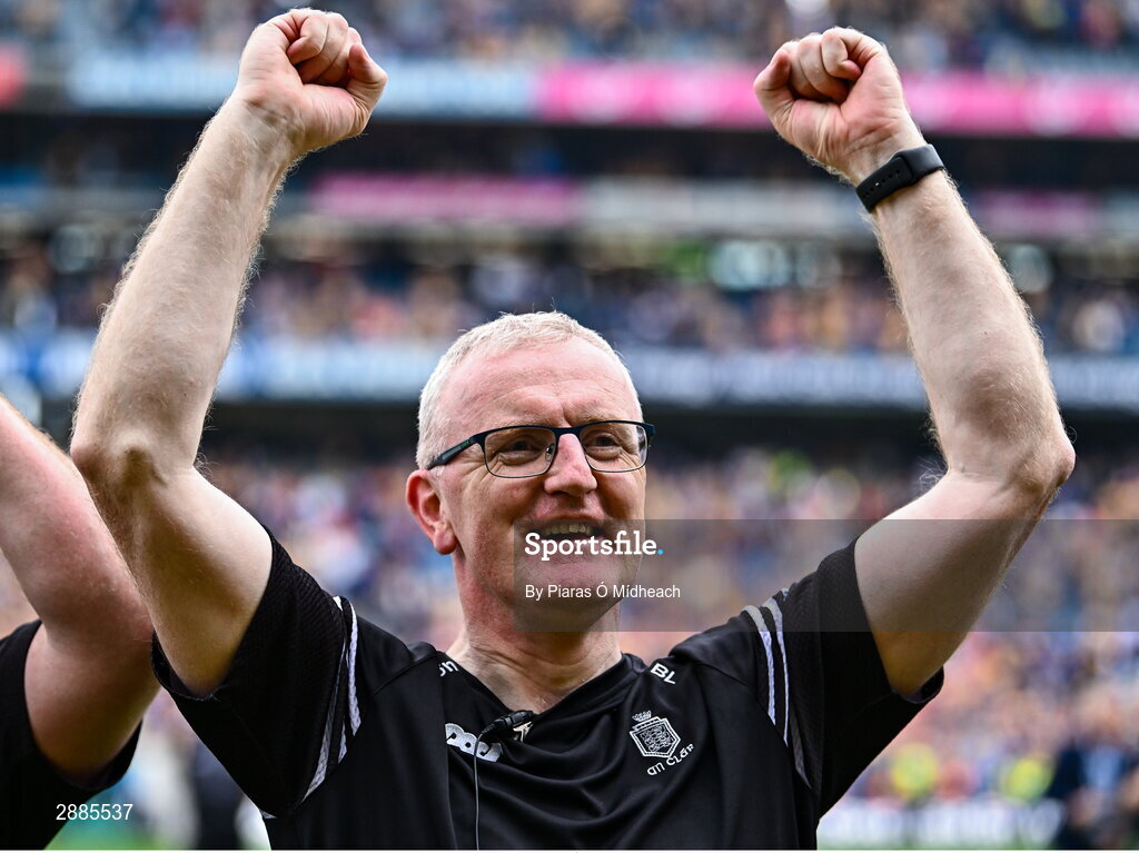 21 July 2024; Clare manager Brian Lohan celebrates after his side's victory in the GAA Hurling All-Ireland Senior Championship Final between Clare and Cork at Croke Park in Dublin. Photo by Piaras Ó Mídheach/Sportsfile