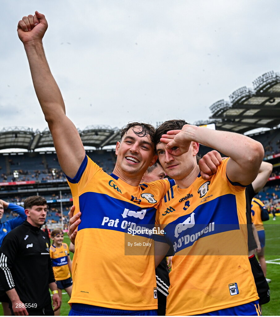 21 July 2024; Clare players Peter Duggan, left, and David Fitzgerald celebrate after their side's victory in the GAA Hurling All-Ireland Senior Championship Final match between Clare and Cork at Croke Park in Dublin. Photo by Seb Daly/Sportsfile