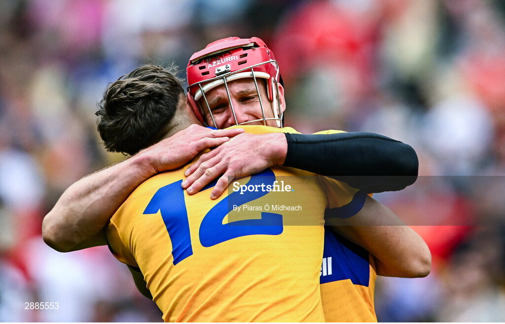 21 July 2024; Clare players John Conlon and Peter Duggan, 12, celebrate after their side's victory in the GAA Hurling All-Ireland Senior Championship Final between Clare and Cork at Croke Park in Dublin. Photo by Piaras Ó Mídheach/Sportsfile