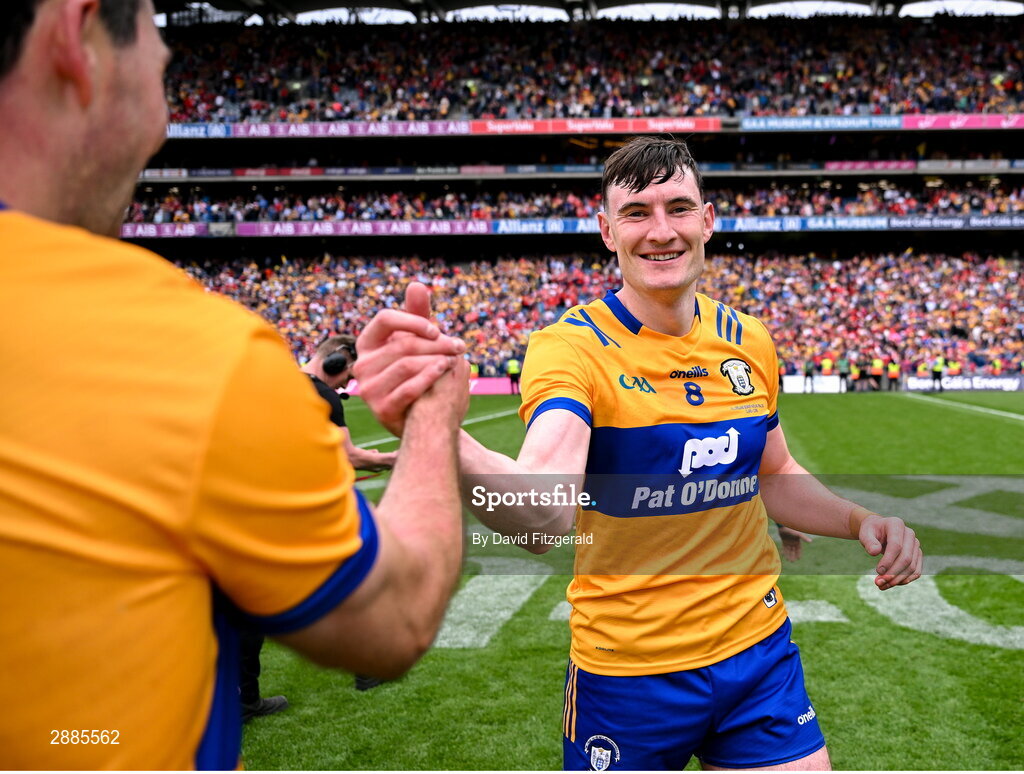 21 July 2024; Clare players Cathal Malone and David Fitzgerald, right, celebrate after the GAA Hurling All-Ireland Senior Championship Final between Clare and Cork at Croke Park in Dublin. Photo by David Fitzgerald/Sportsfile