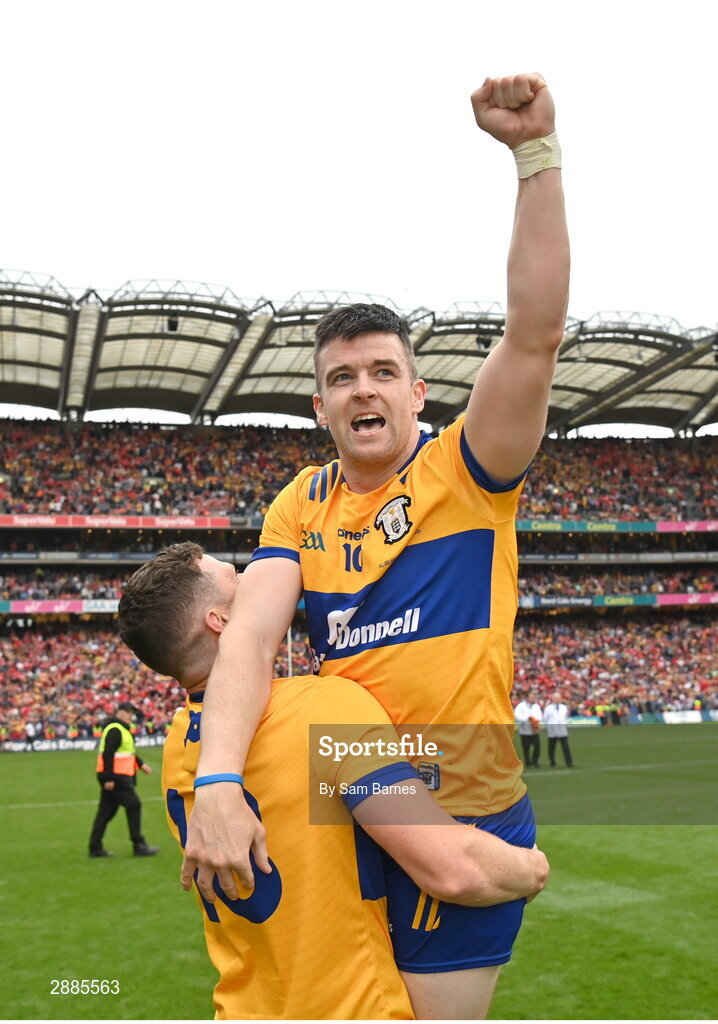 21 July 2024; Tony Kelly of Clare, top, celebrates with team-mate Paul Flanagan after their side's victory in the GAA Hurling All-Ireland Senior Championship Final between Clare and Cork at Croke Park in Dublin. Photo by Sam Barnes/Sportsfile