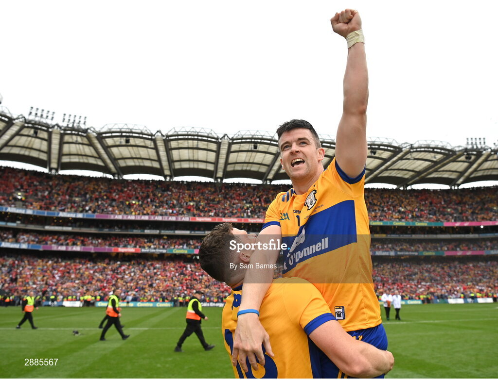 21 July 2024; Tony Kelly of Clare, top, celebrates with team-mate Paul Flanagan after their side's victory in the GAA Hurling All-Ireland Senior Championship Final between Clare and Cork at Croke Park in Dublin. Photo by Sam Barnes/Sportsfile