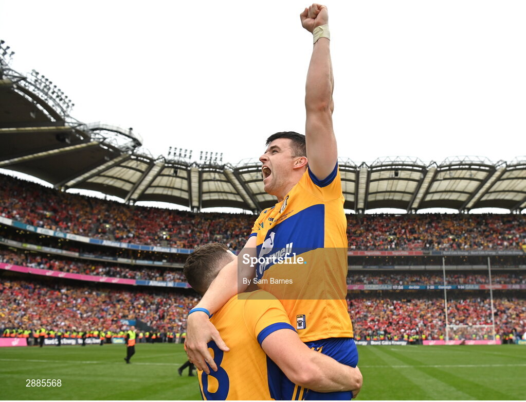 21 July 2024; Tony Kelly of Clare, top, celebrates with team-mate Paul Flanagan after their side's victory in the GAA Hurling All-Ireland Senior Championship Final between Clare and Cork at Croke Park in Dublin. Photo by Sam Barnes/Sportsfile