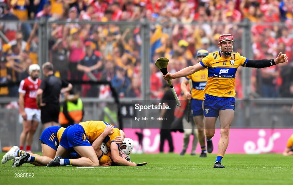 21 July 2024; John Conlon of Clare celebrates at the final whistle after the GAA Hurling All-Ireland Senior Championship Final between Clare and Cork at Croke Park in Dublin. Photo by John Sheridan/Sportsfile