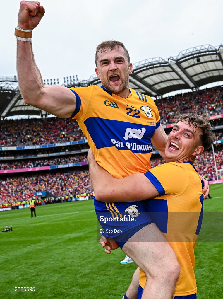 21 July 2024; Clare players Seadna Morey, left, and Peter Duggan celebrate after their side's victory in the GAA Hurling All-Ireland Senior Championship Final match between Clare and Cork at Croke Park in Dublin. Photo by Seb Daly/Sportsfile