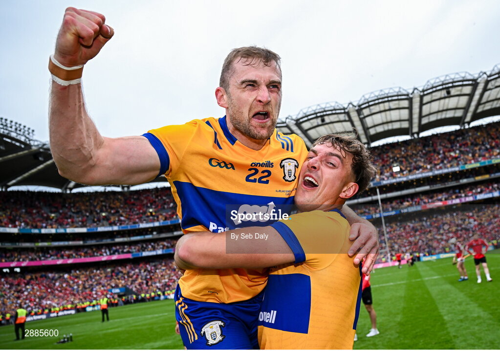 21 July 2024; Clare players Seadna Morey, left, and Peter Duggan celebrate after their side's victory in the GAA Hurling All-Ireland Senior Championship Final match between Clare and Cork at Croke Park in Dublin. Photo by Seb Daly/Sportsfile