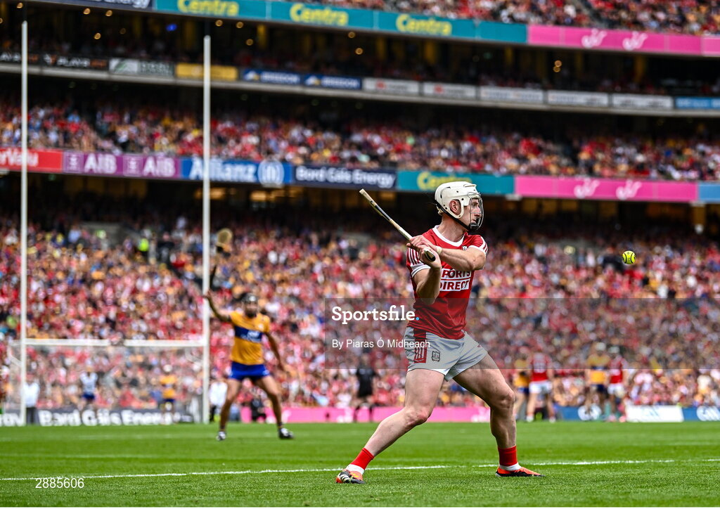 21 July 2024; Patrick Horgan of Cork takes a free during the GAA Hurling All-Ireland Senior Championship Final between Clare and Cork at Croke Park in Dublin. Photo by Piaras Ó Mídheach/Sportsfile