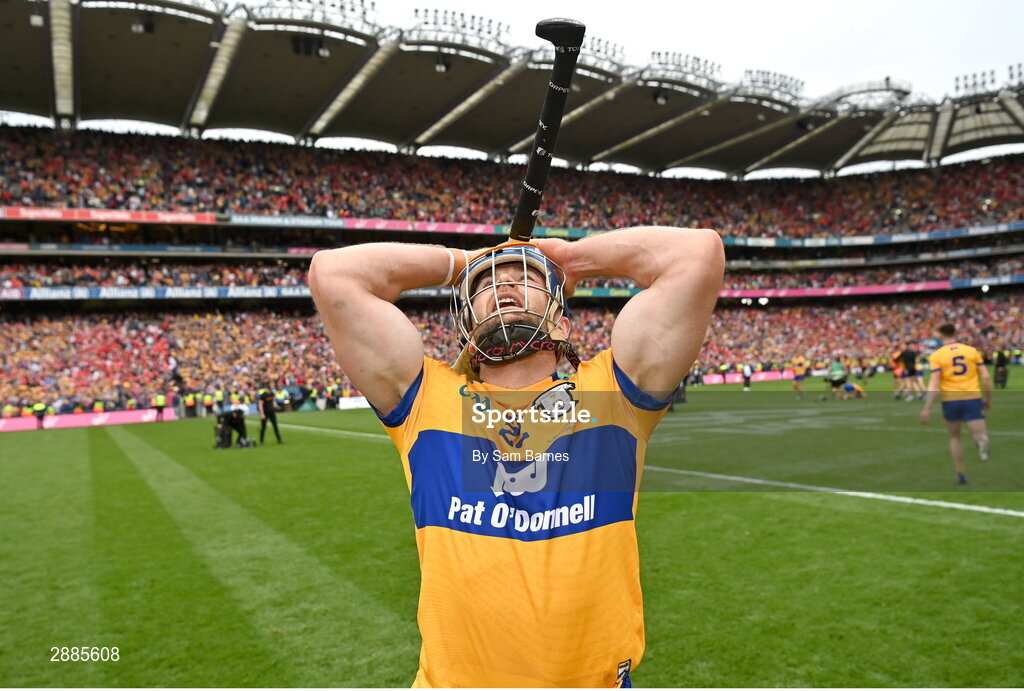 21 July 2024; Seadna Morey of Clare celebrates after his side's victory in the GAA Hurling All-Ireland Senior Championship Final between Clare and Cork at Croke Park in Dublin. Photo by Sam Barnes/Sportsfile
