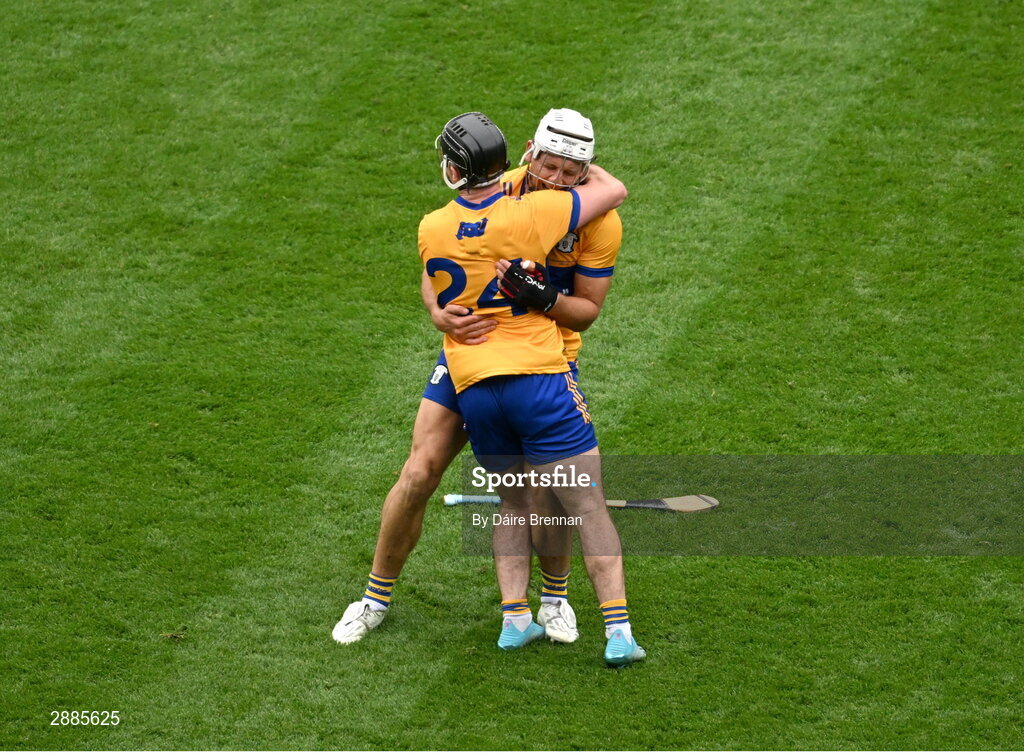 21 July 2024; Aron Shanagher, right, and Ian Galvin of Clare celebrate after the GAA Hurling All-Ireland Senior Championship Final between Clare and Cork at Croke Park in Dublin. Photo by Daire Brennan/Sportsfile