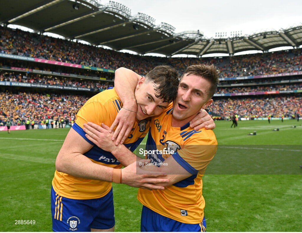 21 July 2024; Clare players David Fitzgerald, left, and Ian Galvin celebrate after their side's victory  in the GAA Hurling All-Ireland Senior Championship Final between Clare and Cork at Croke Park in Dublin. Photo by Sam Barnes/Sportsfile