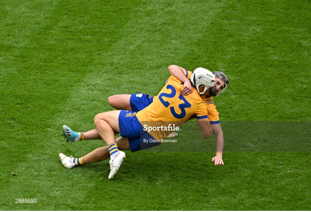 21 July 2024; Aron Shanagher, left and Ian Galvin of Clare celebrate after the GAA Hurling All-Ireland Senior Championship Final between Clare and Cork at Croke Park in Dublin. Photo by Daire Brennan/Sportsfile