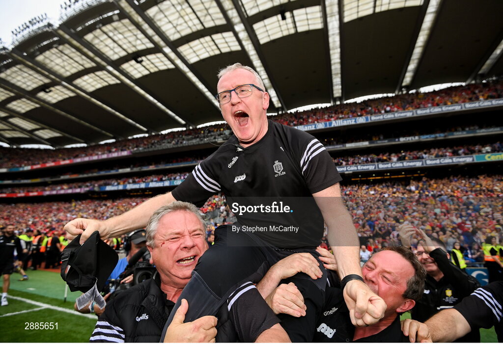 21 July 2024; Clare manager Brian Lohan celebrates after winning the GAA Hurling All-Ireland Senior Championship Final between Clare and Cork at Croke Park in Dublin. Photo by Stephen McCarthy/Sportsfile