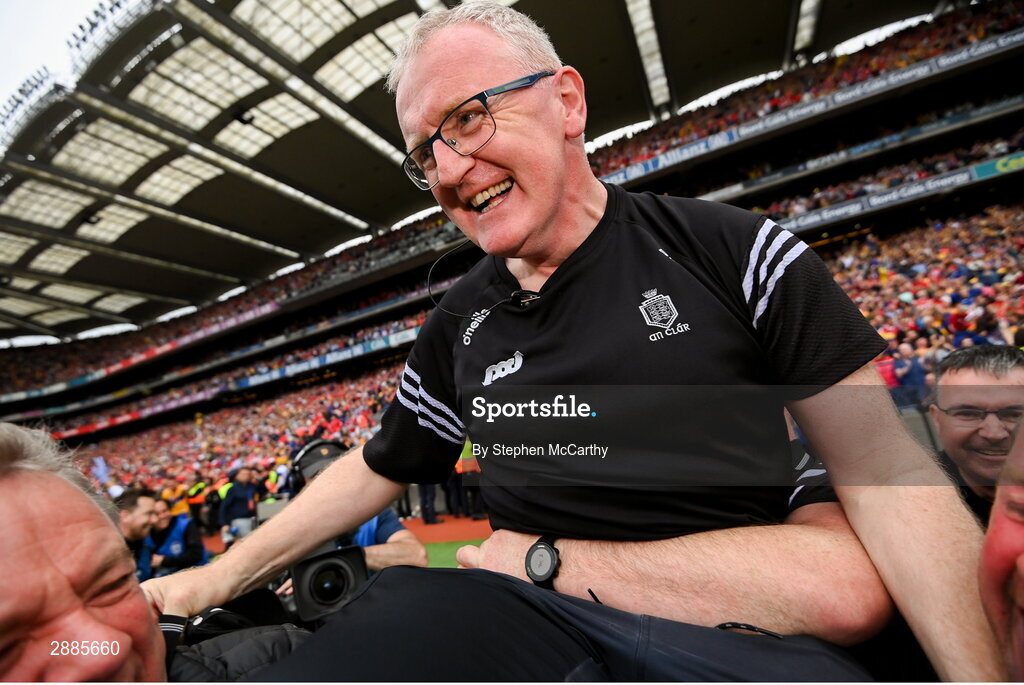 21 July 2024; Clare manager Brian Lohan celebrates after winning the GAA Hurling All-Ireland Senior Championship Final between Clare and Cork at Croke Park in Dublin. Photo by Stephen McCarthy/Sportsfile