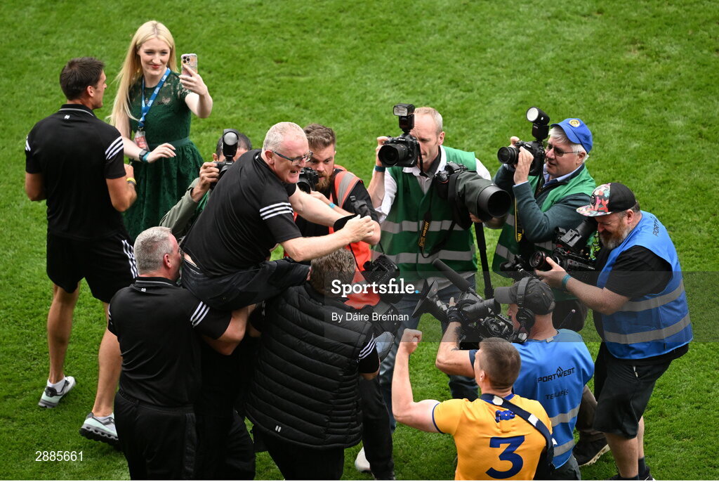 21 July 2024; Clare manager Brian Lohan celebrates with full-back Conor Cleary after the GAA Hurling All-Ireland Senior Championship Final between Clare and Cork at Croke Park in Dublin. Photo by Daire Brennan/Sportsfile