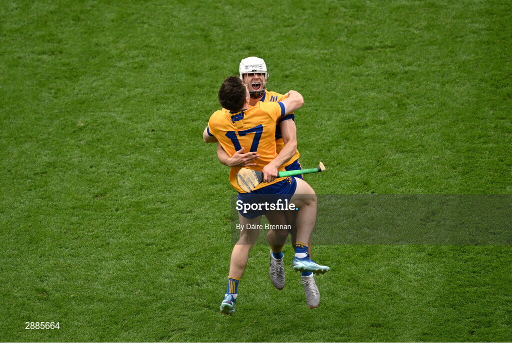 21 July 2024; Aidan McCarthy, right, and Rory Hayes of Clare celebrates after the GAA Hurling All-Ireland Senior Championship Final between Clare and Cork at Croke Park in Dublin. Photo by Daire Brennan/Sportsfile