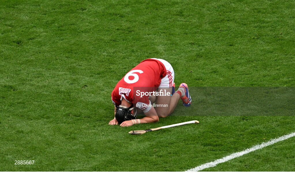 21 July 2024; A dejected Darragh Fitzgibbon of Cork after the GAA Hurling All-Ireland Senior Championship Final between Clare and Cork at Croke Park in Dublin. Photo by Daire Brennan/Sportsfile