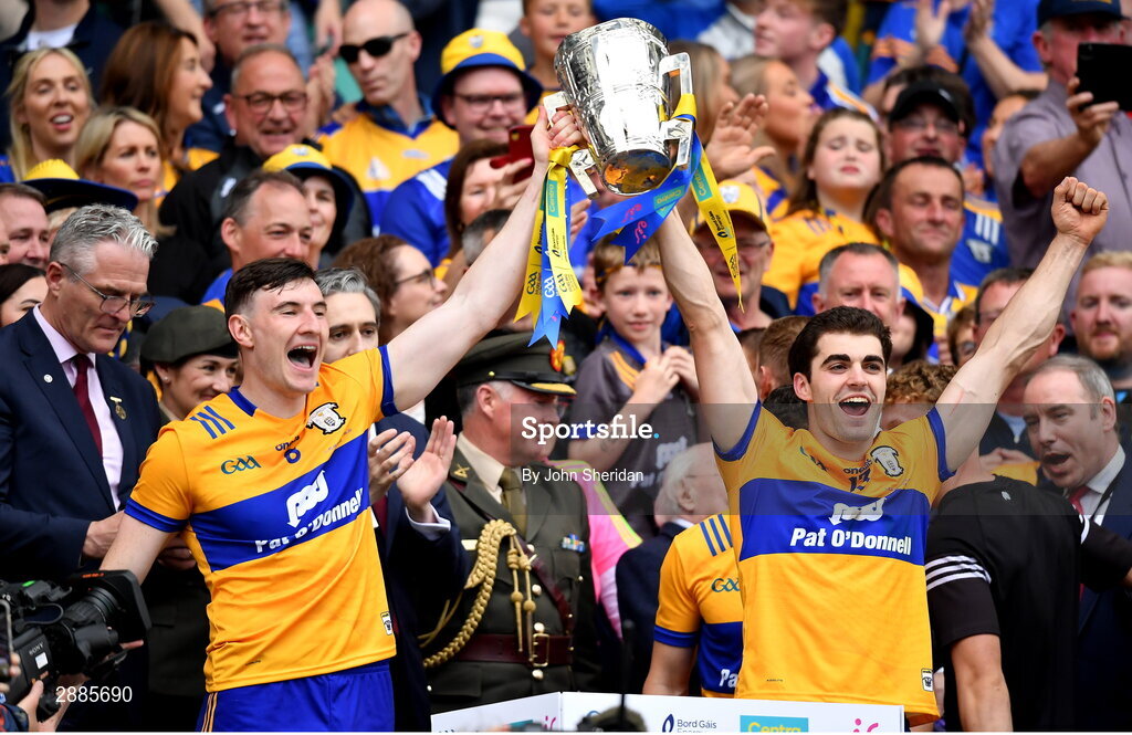 21 July 2024; Clare players, from left, David Fitzgerald and Aidan McCarthy lift the Liam MacCarthy Cup after the GAA Hurling All-Ireland Senior Championship Final between Clare and Cork at Croke Park in Dublin. Photo by John Sheridan/Sportsfile