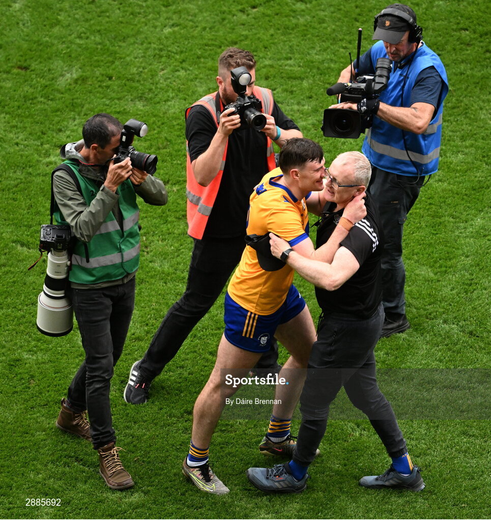 21 July 2024; Clare manager Brian Lohan and David Fitzgerald celebrate after the GAA Hurling All-Ireland Senior Championship Final between Clare and Cork at Croke Park in Dublin. Photo by Daire Brennan/Sportsfile