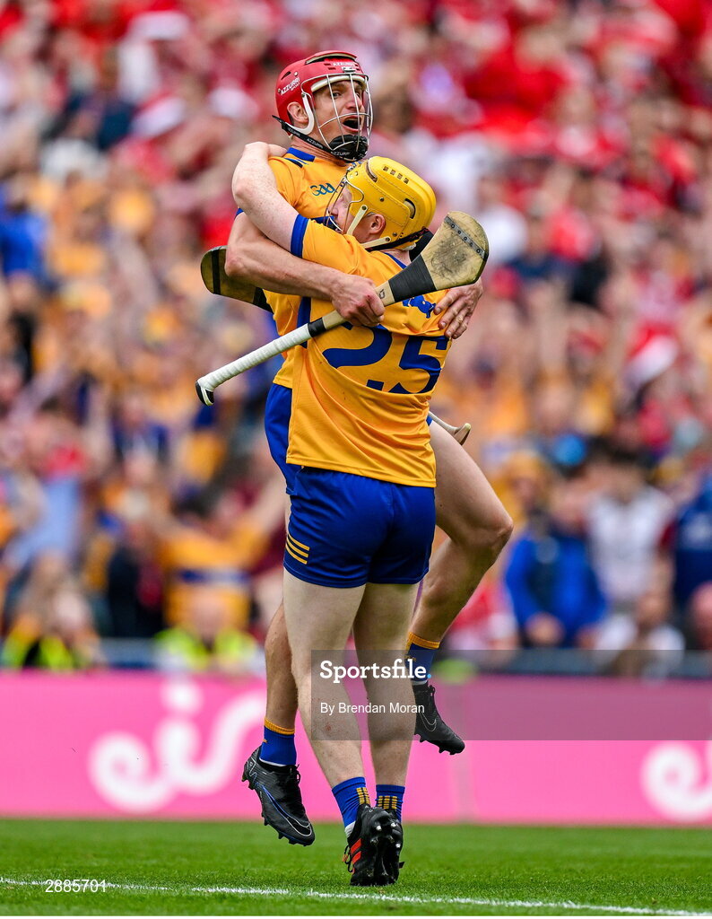 21 July 2024; John Conlon and Shane Meehan of Clare celebrate at the final whistle of the GAA Hurling All-Ireland Senior Championship Final between Clare and Cork at Croke Park in Dublin. Photo by Brendan Moran/Sportsfile