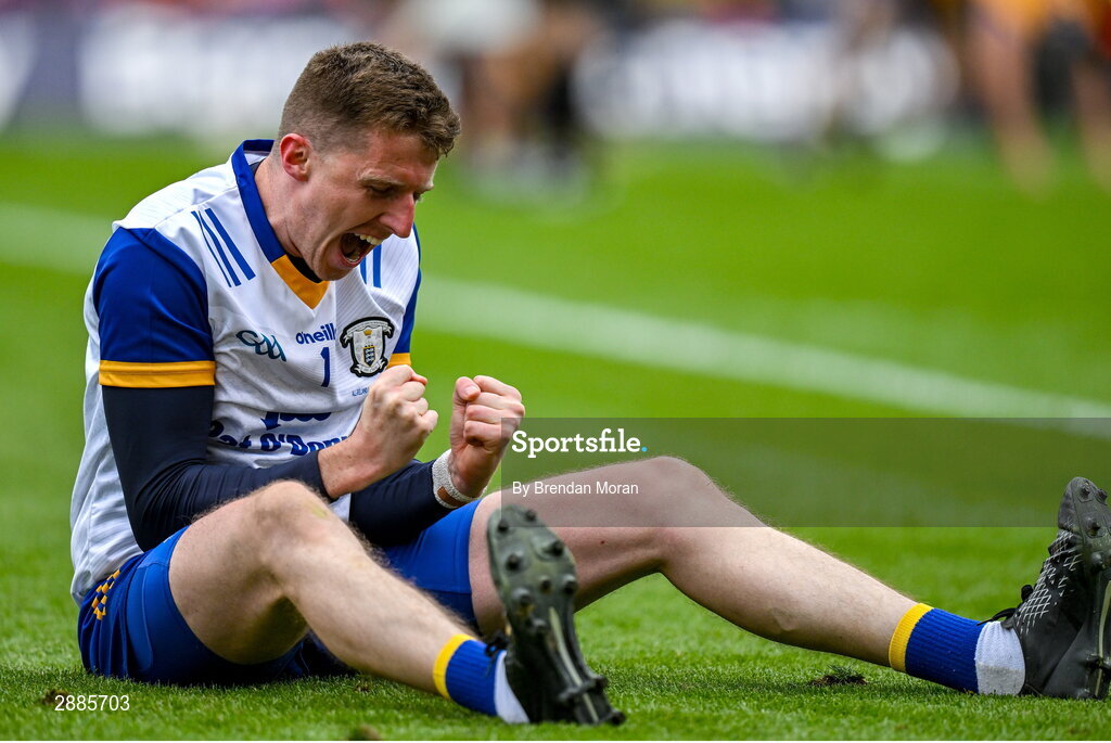 21 July 2024; Clare goalkeeper Eibhear Quilligan celebrates at the final whistle of the GAA Hurling All-Ireland Senior Championship Final between Clare and Cork at Croke Park in Dublin. Photo by Brendan Moran/Sportsfile
