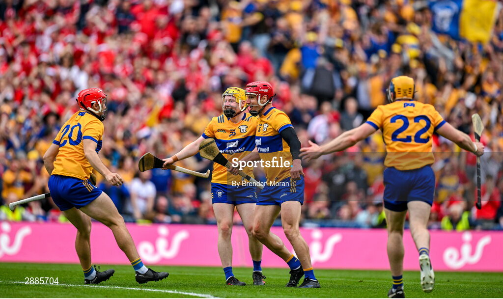21 July 2024; Clare players, from left, Darragh Lohan, Shane Meehan, John Conlon and Seadna Morey celebrate at the final whistle of the GAA Hurling All-Ireland Senior Championship Final between Clare and Cork at Croke Park in Dublin. Photo by Brendan Moran/Sportsfile