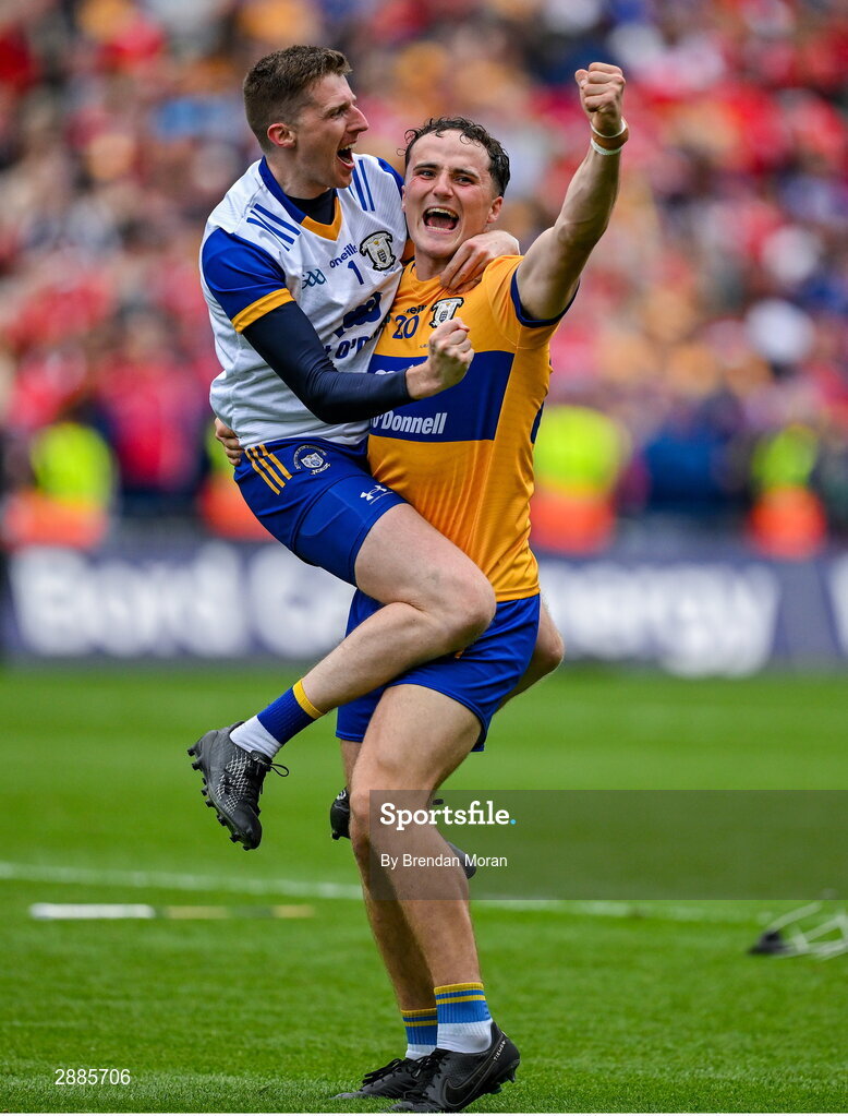 21 July 2024; Clare goalkeeper Eibhear Quilligan, left, and teammate Darragh Lohan celebrate at the final whistle of the GAA Hurling All-Ireland Senior Championship Final between Clare and Cork at Croke Park in Dublin. Photo by Brendan Moran/Sportsfile