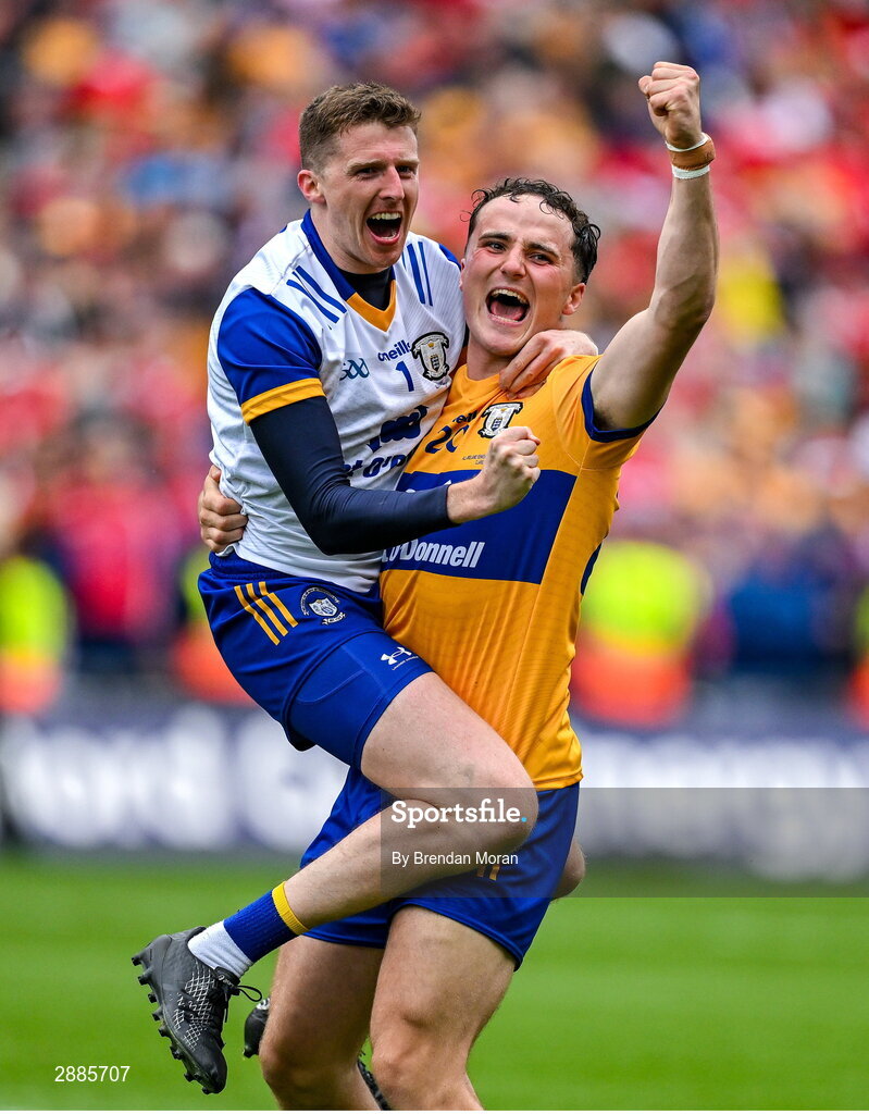 21 July 2024; Clare goalkeeper Eibhear Quilligan, left, and teammate Darragh Lohan celebrate at the final whistle of the GAA Hurling All-Ireland Senior Championship Final between Clare and Cork at Croke Park in Dublin. Photo by Brendan Moran/Sportsfile