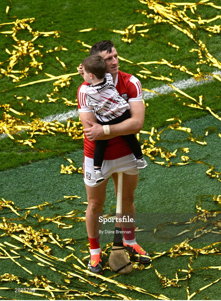 21 July 2024; Patrick Horgan of Cork with his son Jack, aged 2, after the GAA Hurling All-Ireland Senior Championship Final between Clare and Cork at Croke Park in Dublin. Photo by Daire Brennan/Sportsfile
