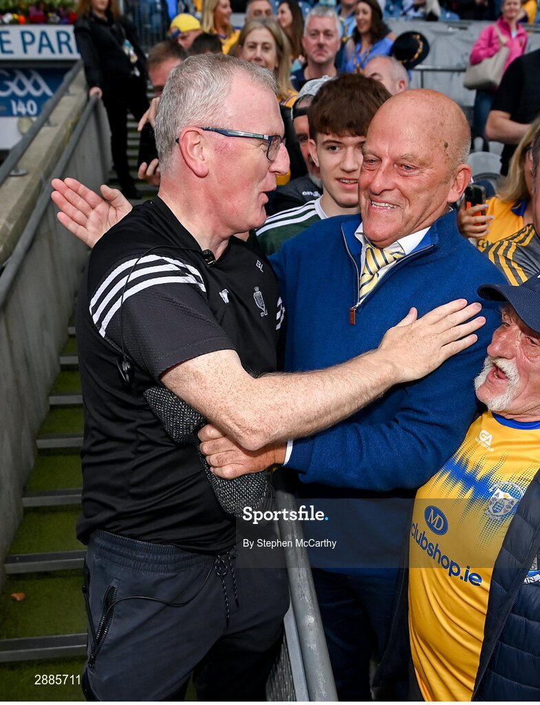 21 July 2024; Clare manager Brian Lohan, left, celebrates with two time All-Ireland winning Clare manager Ger Loughnane after the GAA Hurling All-Ireland Senior Championship Final between Clare and Cork at Croke Park in Dublin. Photo by Stephen McCarthy/Sportsfile