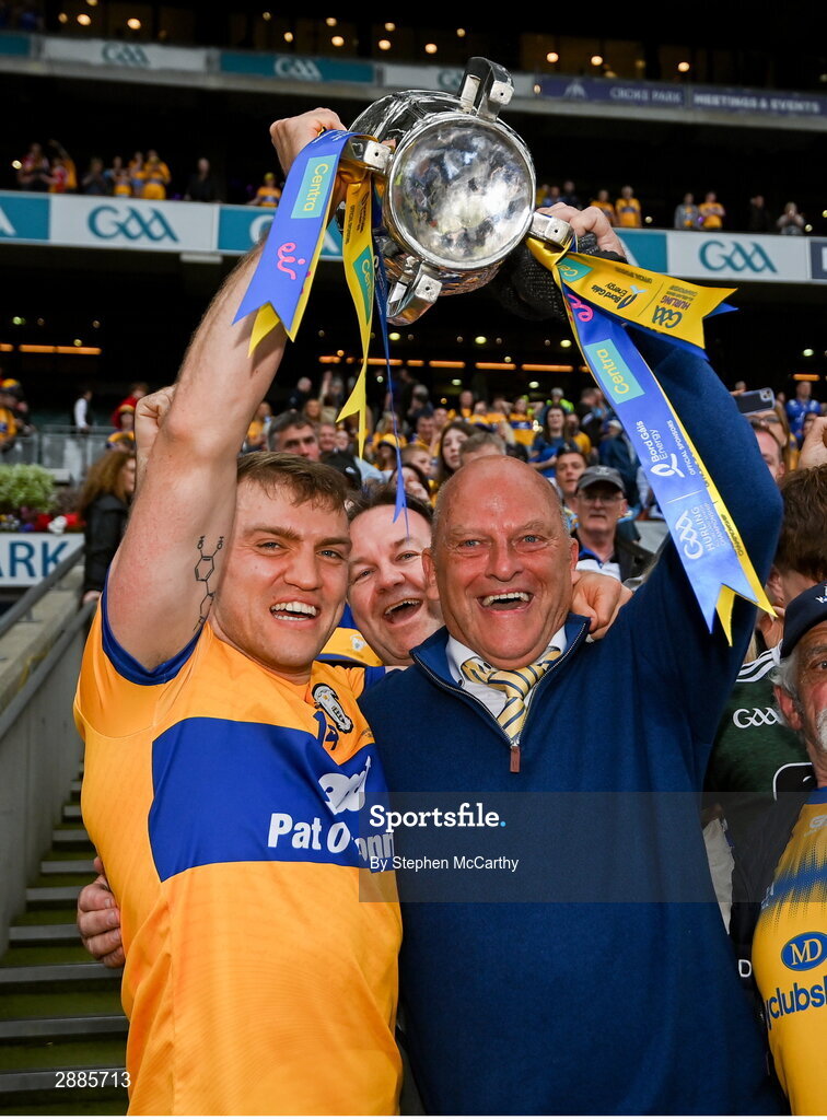 21 July 2024; Shane O'Donnell of Clare and two time All-Ireland winning Clare manager Ger Loughnane celebrate with the Liam MacCarthy cup after the GAA Hurling All-Ireland Senior Championship Final between Clare and Cork at Croke Park in Dublin. Photo by Stephen McCarthy/Sportsfile