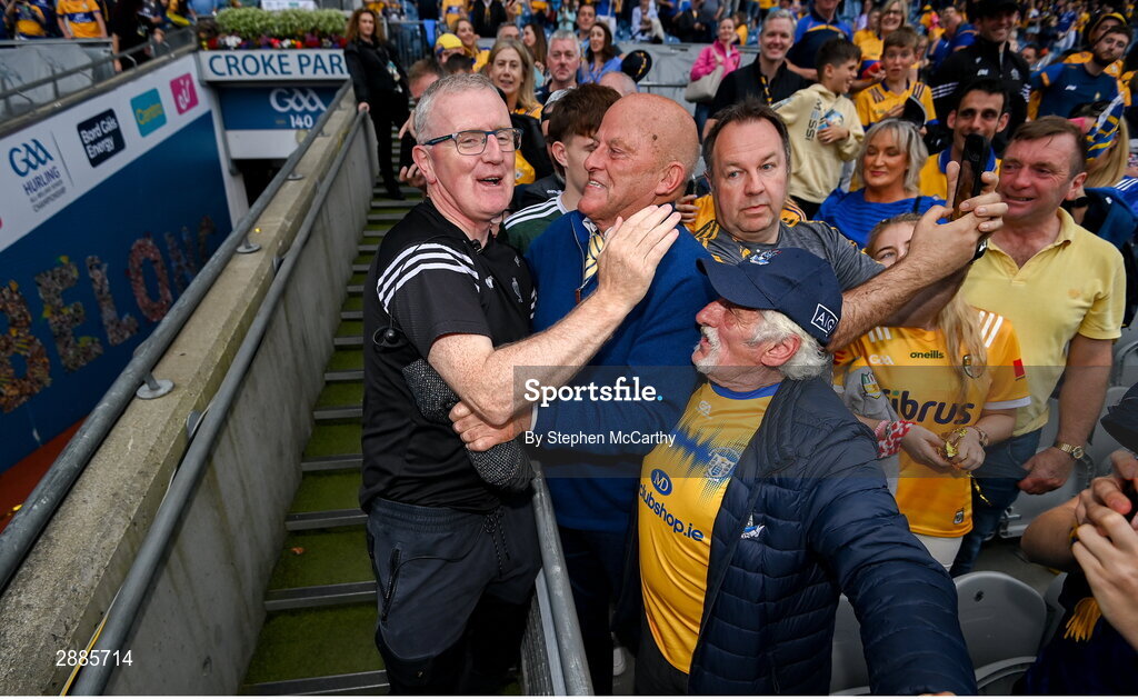 21 July 2024; Clare manager Brian Lohan, left, celebrates with two time All-Ireland winning Clare manager Ger Loughnane after the GAA Hurling All-Ireland Senior Championship Final between Clare and Cork at Croke Park in Dublin. Photo by Stephen McCarthy/Sportsfile