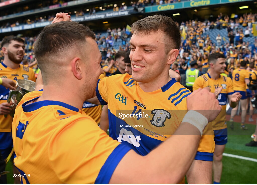 21 July 2024; Clare players Shane O'Donnell, right, and David Reidy celebrate after their side's victory  in the GAA Hurling All-Ireland Senior Championship Final between Clare and Cork at Croke Park in Dublin. Photo by Sam Barnes/Sportsfile