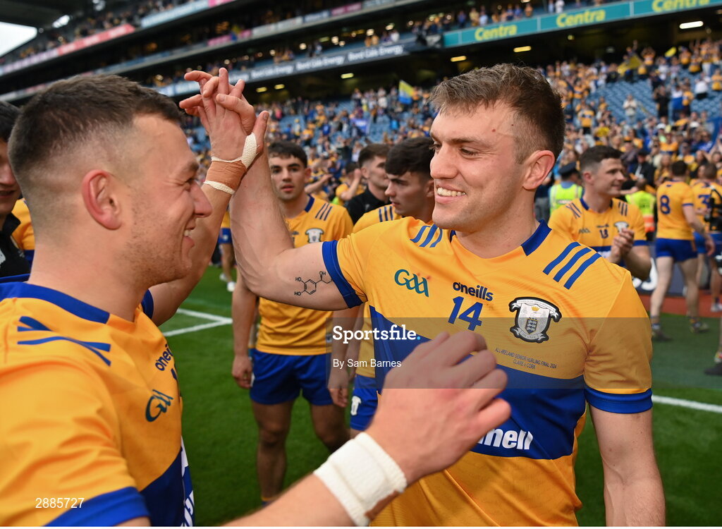 21 July 2024; Clare players Shane O'Donnell, right, and David Reidy celebrate after their side's victory  in the GAA Hurling All-Ireland Senior Championship Final between Clare and Cork at Croke Park in Dublin. Photo by Sam Barnes/Sportsfile