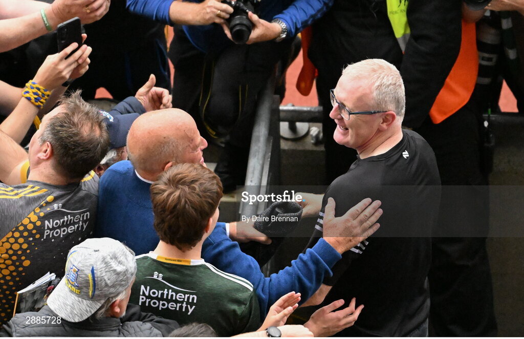 21 July 2024; Clare manager Brian Lohan celebrates with former Clare player and manager Ger Loughnane after the GAA Hurling All-Ireland Senior Championship Final between Clare and Cork at Croke Park in Dublin. Photo by Daire Brennan/Sportsfile