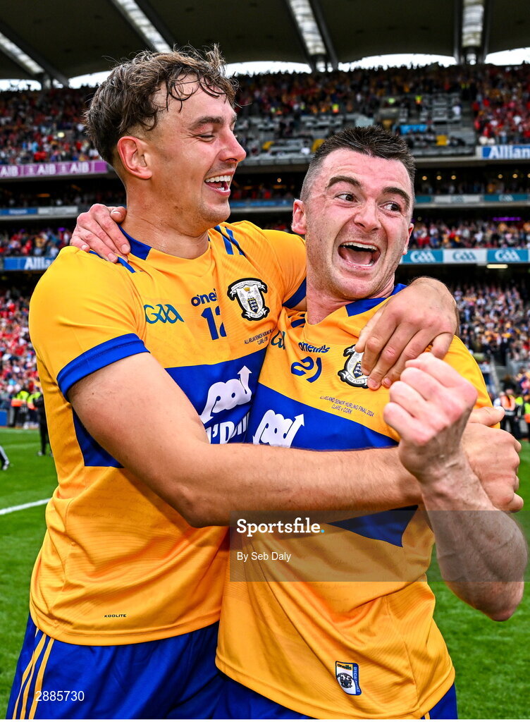 21 July 2024; Clare players Peter Duggan, left, and Ryan Taylor celebrate after their side's victory in the GAA Hurling All-Ireland Senior Championship Final match between Clare and Cork at Croke Park in Dublin. Photo by Seb Daly/Sportsfile