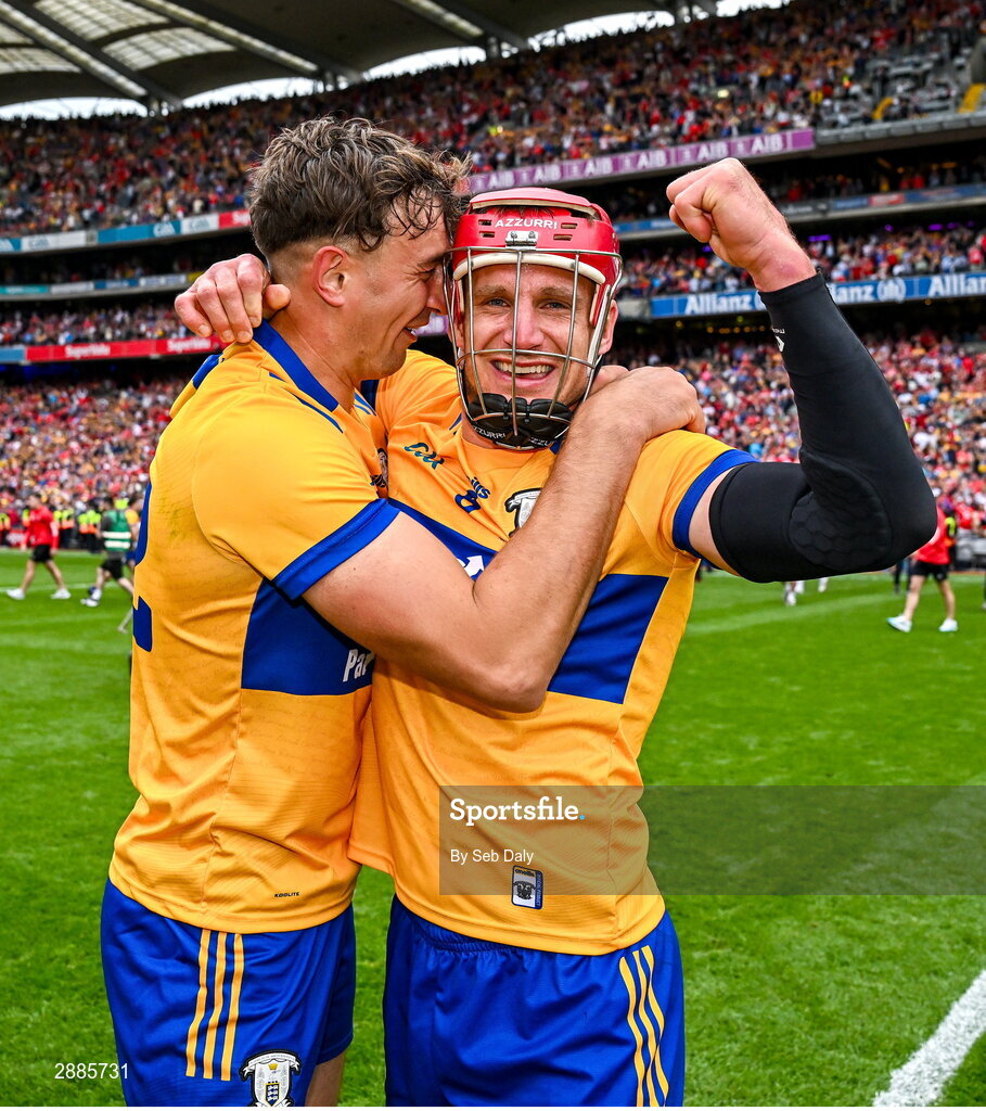 21 July 2024; Clare players Peter Duggan, left, and John Conlon celebrate after their side's victory in the GAA Hurling All-Ireland Senior Championship Final match between Clare and Cork at Croke Park in Dublin. Photo by Seb Daly/Sportsfile
