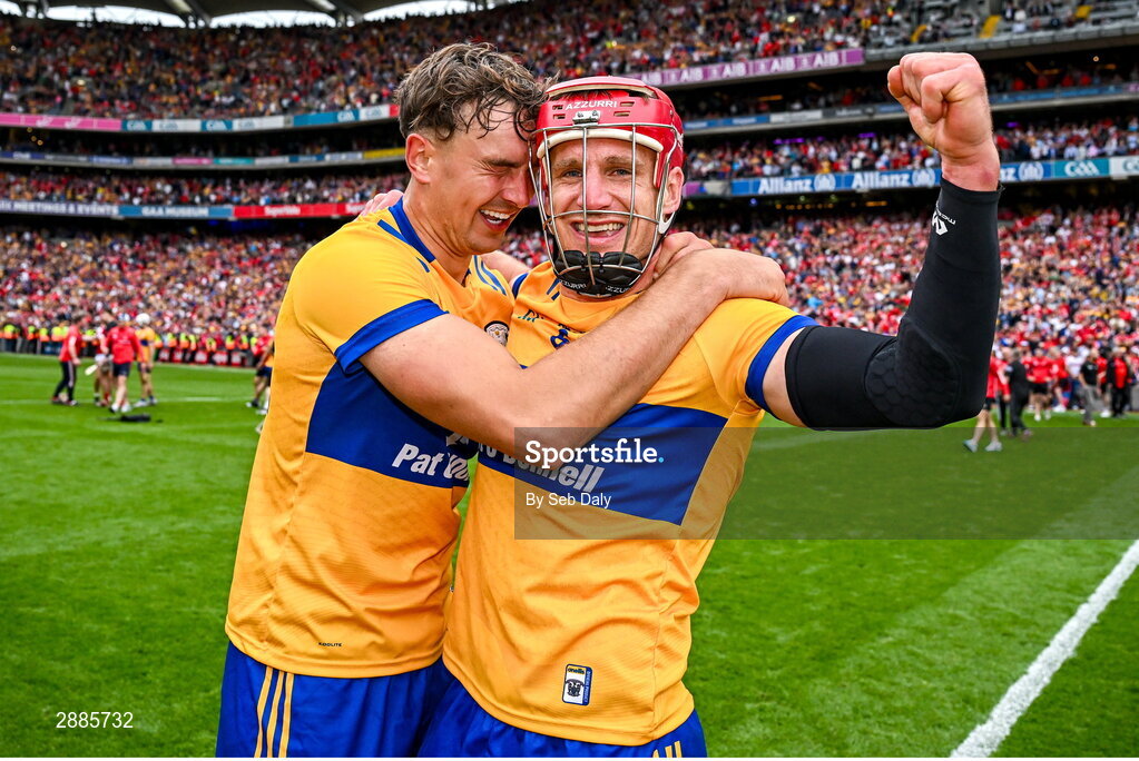 21 July 2024; Clare players Peter Duggan, left, and John Conlon celebrate after their side's victory in the GAA Hurling All-Ireland Senior Championship Final match between Clare and Cork at Croke Park in Dublin. Photo by Seb Daly/Sportsfile