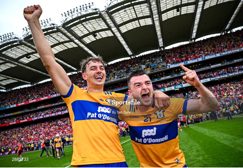 21 July 2024; Clare players Peter Duggan, left, and Ryan Taylor celebrate after their side's victory in the GAA Hurling All-Ireland Senior Championship Final match between Clare and Cork at Croke Park in Dublin. Photo by Seb Daly/Sportsfile