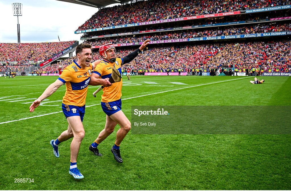 21 July 2024; Clare players Rory Hayes, left, and John Conlon celebrate after their side's victory in the GAA Hurling All-Ireland Senior Championship Final match between Clare and Cork at Croke Park in Dublin. Photo by Seb Daly/Sportsfile