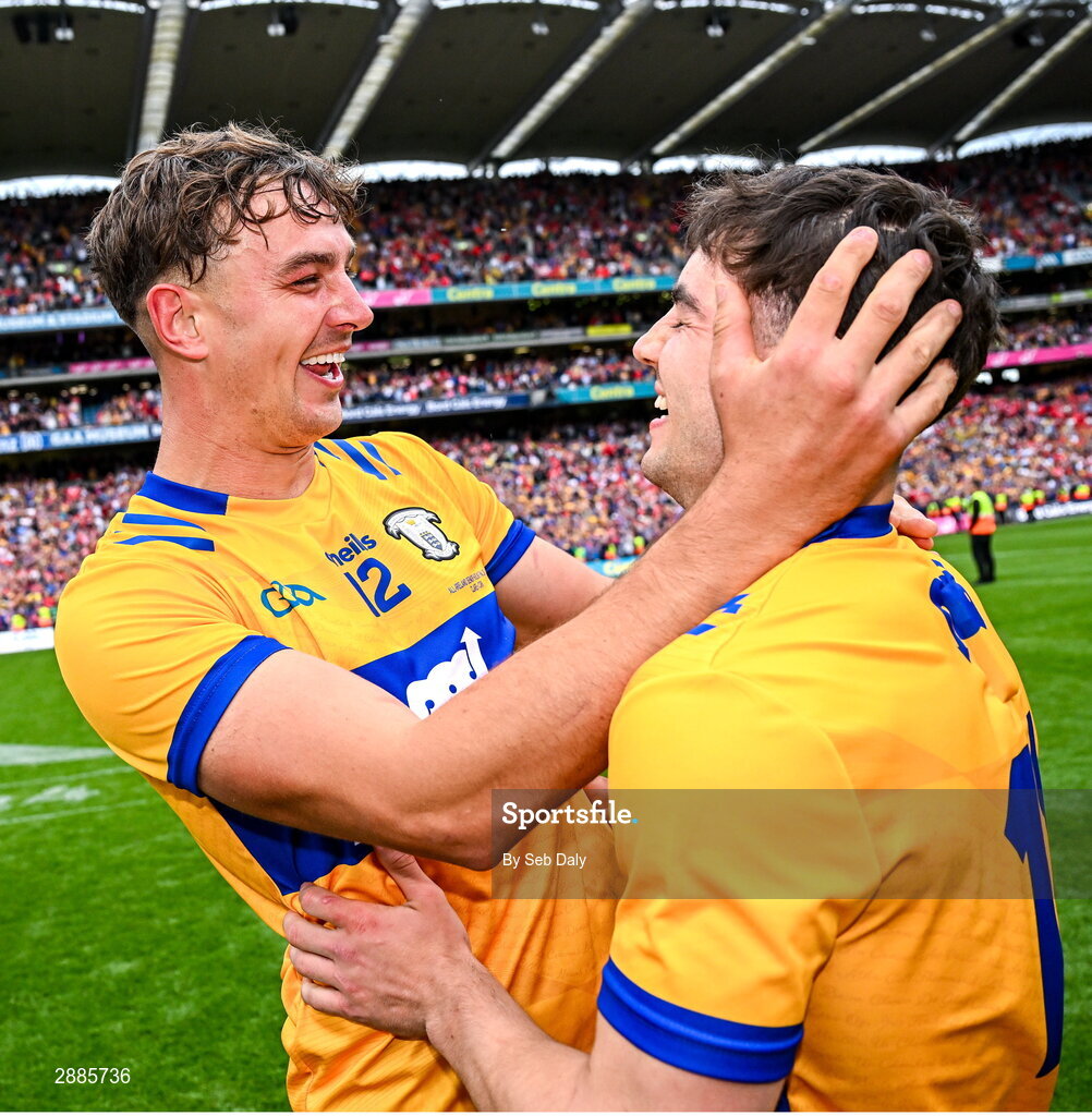 21 July 2024; Clare players Peter Duggan, left, and Mark Rodgers celebrate after their side's victory in the GAA Hurling All-Ireland Senior Championship Final match between Clare and Cork at Croke Park in Dublin. Photo by Seb Daly/Sportsfile