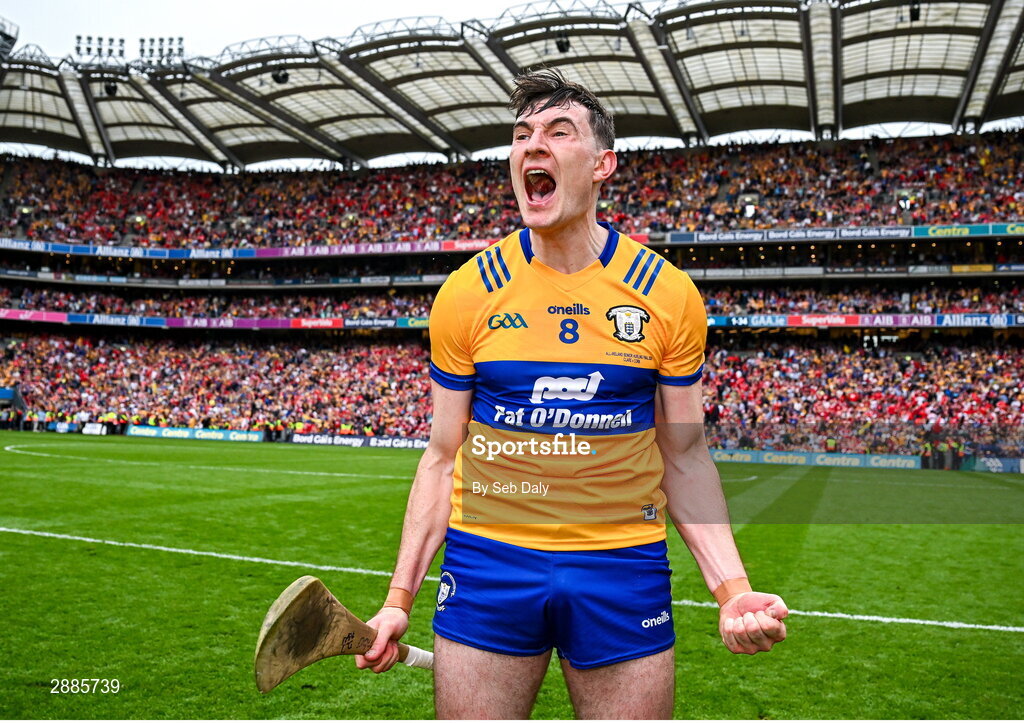21 July 2024; David Fitzgerald of Clare celebrates at the final whistle after his side's victory in the GAA Hurling All-Ireland Senior Championship Final match between Clare and Cork at Croke Park in Dublin. Photo by Seb Daly/Sportsfile
