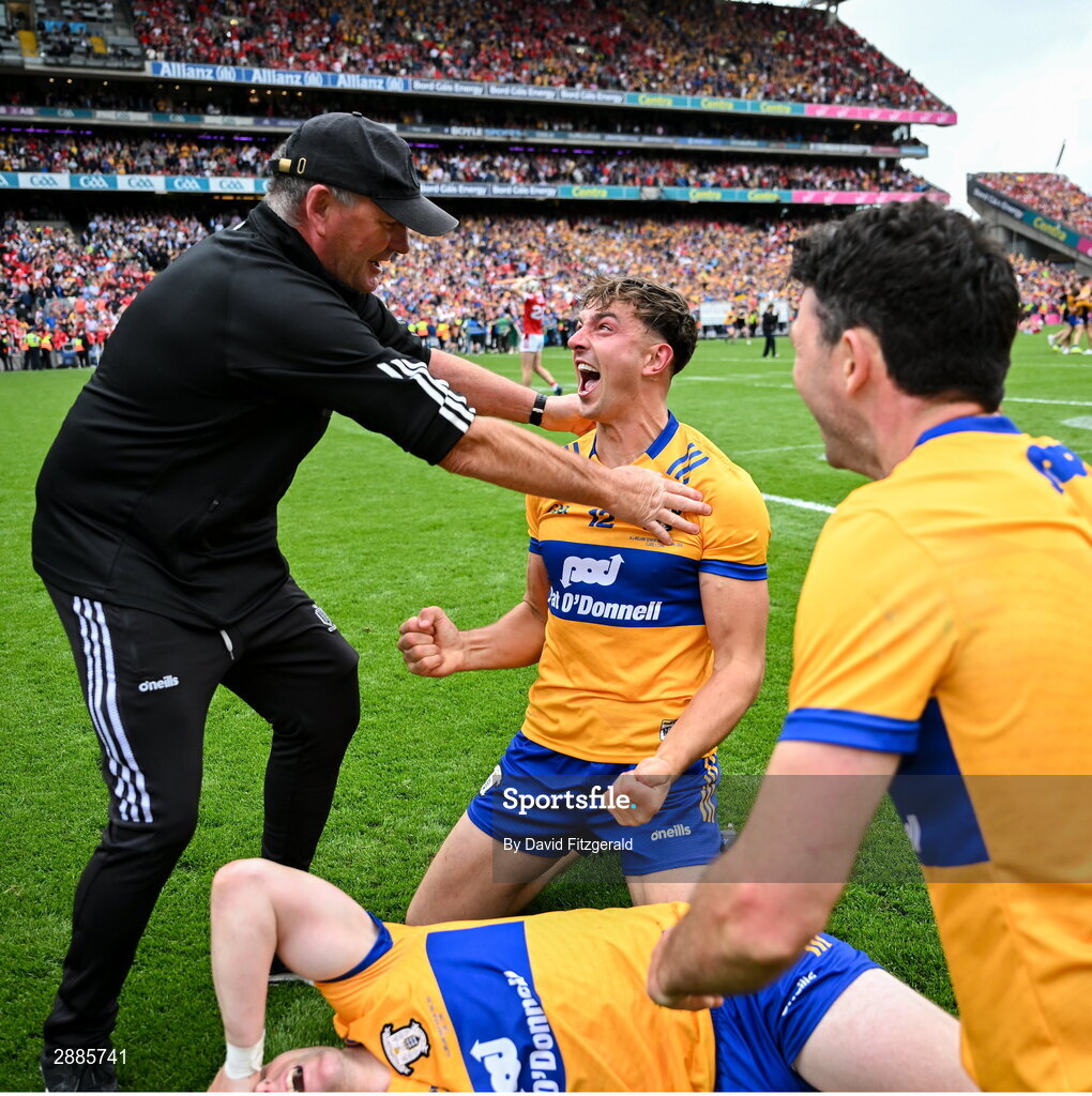 21 July 2024; Peter Duggan of Clare and selector Tommy Corbett celebrate after during the GAA Hurling All-Ireland Senior Championship Final between Clare and Cork at Croke Park in Dublin. Photo by David Fitzgerald/Sportsfile