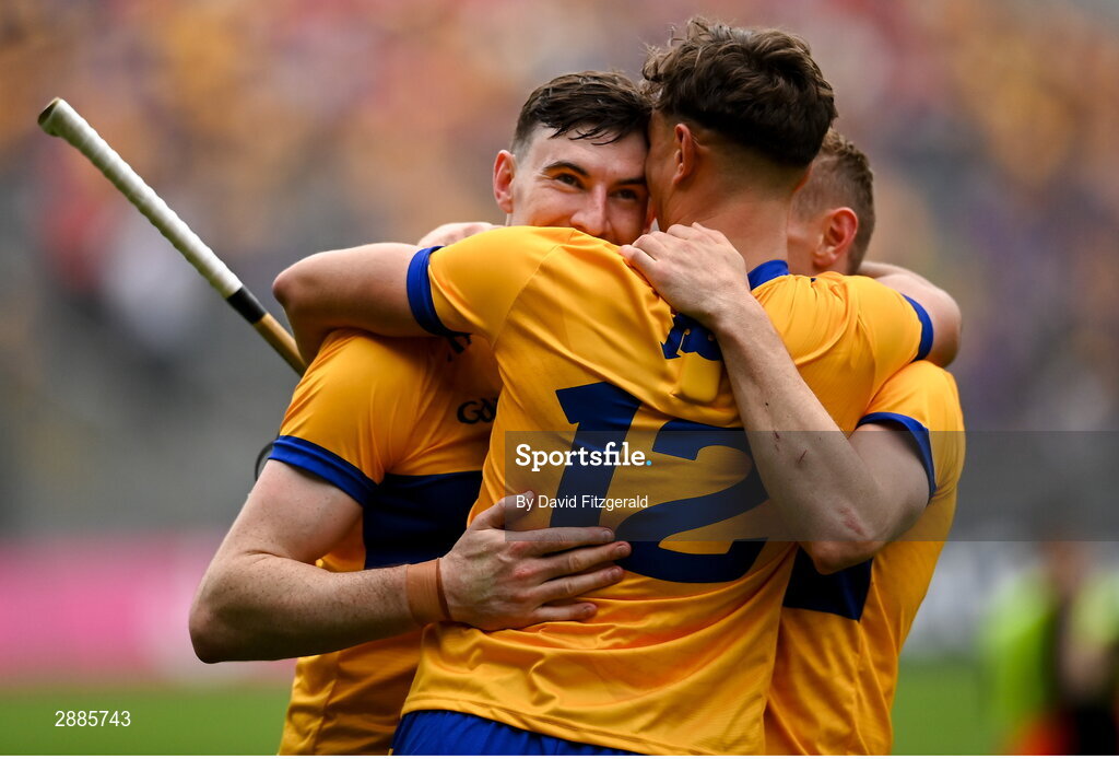 21 July 2024; Clare players, from left, David Fitzgerald, Peter Duggan and David McInerney embrace after the GAA Hurling All-Ireland Senior Championship Final between Clare and Cork at Croke Park in Dublin. Photo by David Fitzgerald/Sportsfile