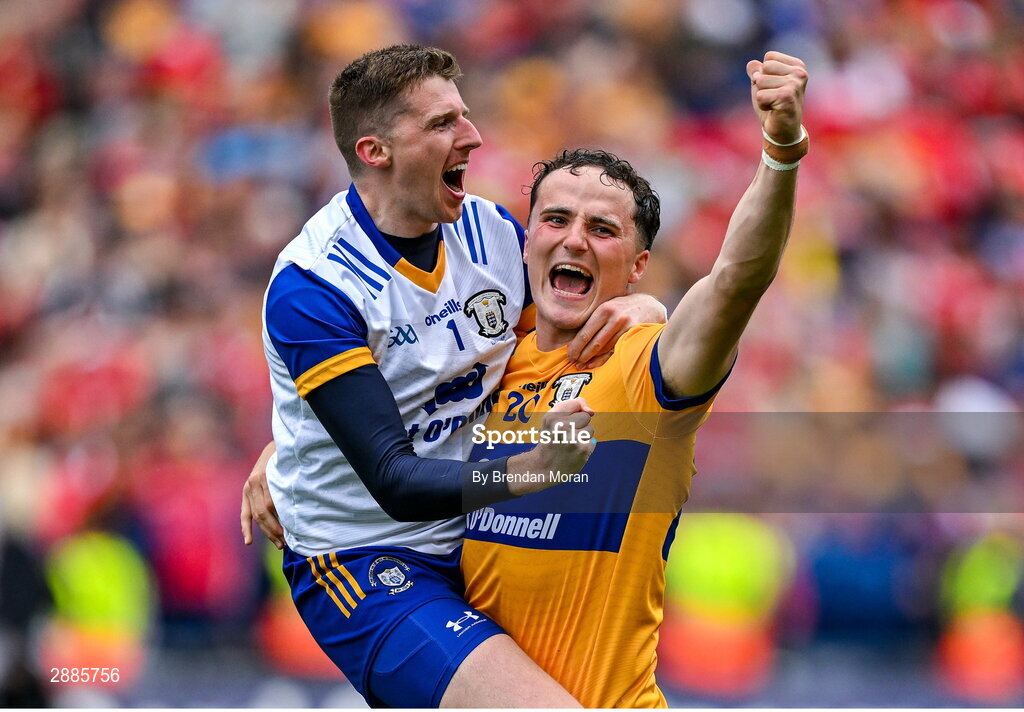 21 July 2024; Clare goalkeeper Eibhear Quilligan, left, and teammate Darragh Lohan celebrate at the final whistle of the GAA Hurling All-Ireland Senior Championship Final between Clare and Cork at Croke Park in Dublin. Photo by Brendan Moran/Sportsfile