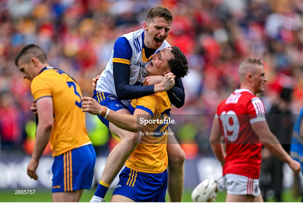 21 July 2024; Clare goalkeeper Eibhear Quilligan, left, and teammate Darragh Lohan celebrate at the final whistle of the GAA Hurling All-Ireland Senior Championship Final between Clare and Cork at Croke Park in Dublin. Photo by Brendan Moran/Sportsfile