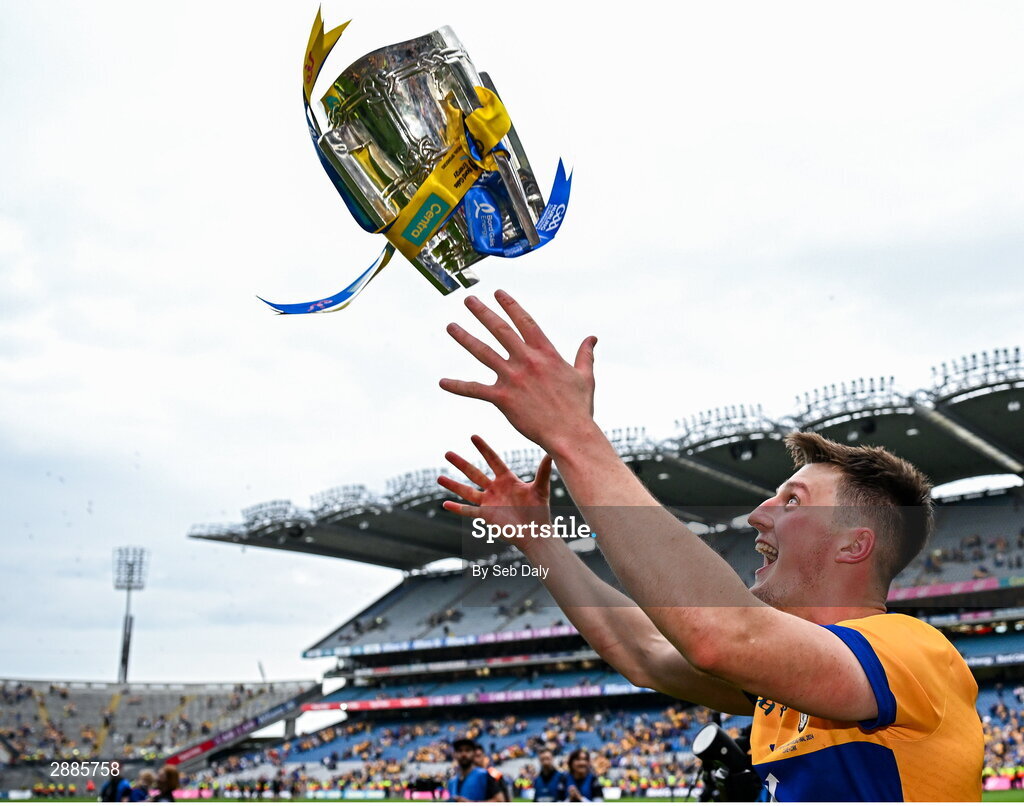 21 July 2024; Diarmuid Ryan of Clare celebrates with the Liam MacCarthy Cup after his side's victory in the GAA Hurling All-Ireland Senior Championship Final match between Clare and Cork at Croke Park in Dublin. Photo by Seb Daly/Sportsfile