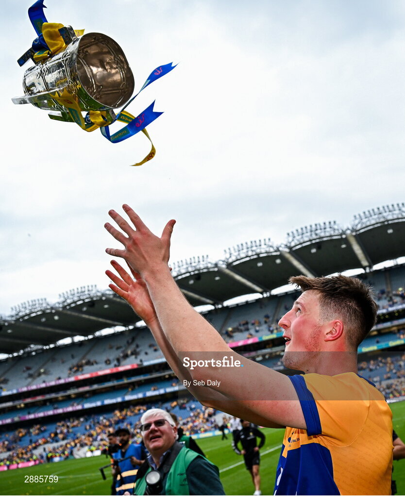 21 July 2024; Diarmuid Ryan of Clare celebrates with the Liam MacCarthy Cup after his side's victory in the GAA Hurling All-Ireland Senior Championship Final match between Clare and Cork at Croke Park in Dublin. Photo by Seb Daly/Sportsfile